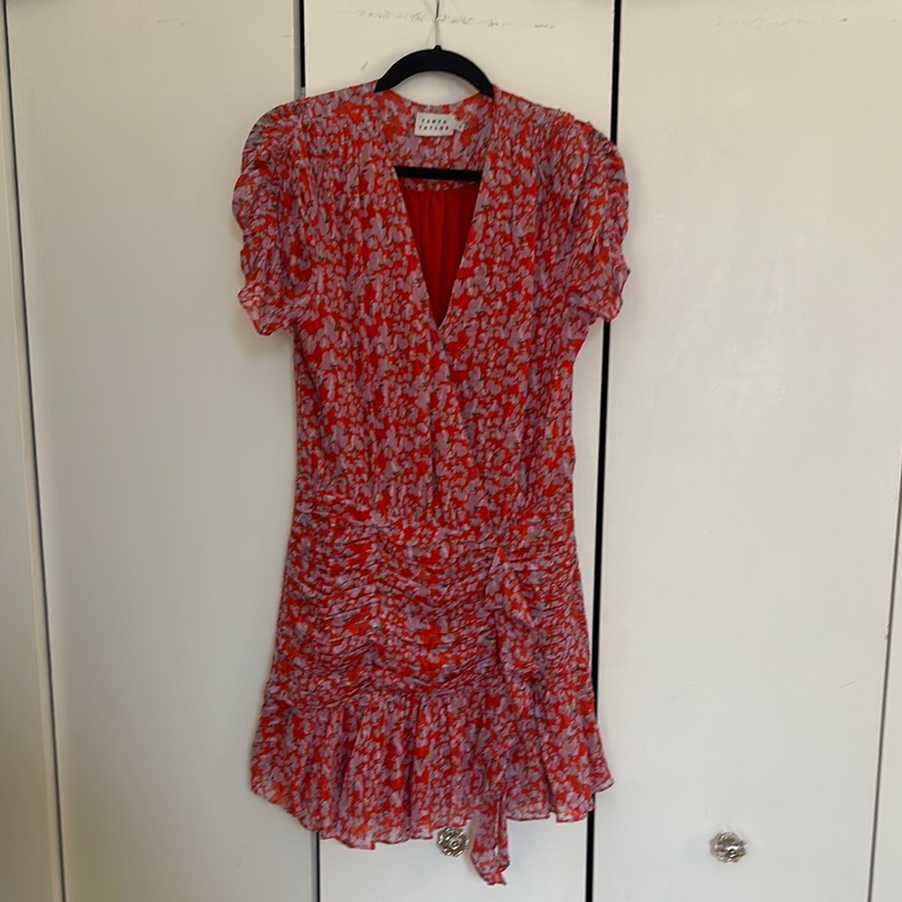 Tanya Taylor Red Pink and Purple Ruched Dress Size 8